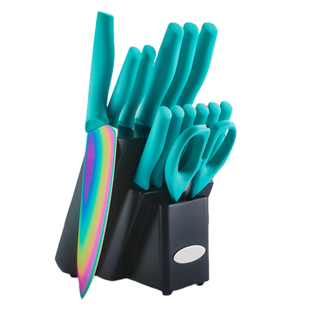 Beautiful Turquoise 13-Piece Stainless Steel Knife Set with Knife Block -  Ideal for Home Kitchen Use - AliExpress