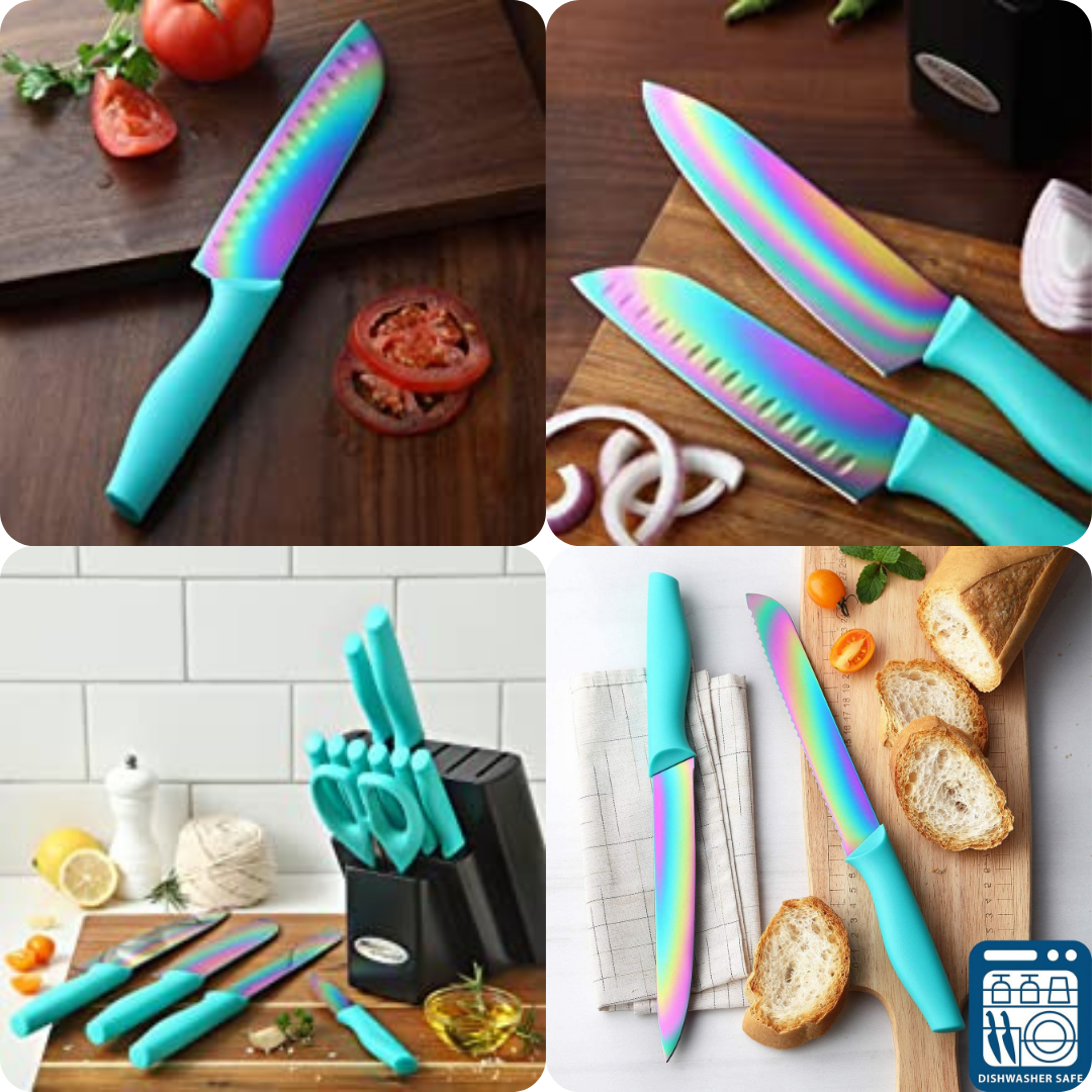 Dishwasher Safe Rainbow Titanium Knife Set with Block , 14 Pcs Kitchen Knife Set with Acrylic Stand , Kitchen Scissor , Santoku Knife